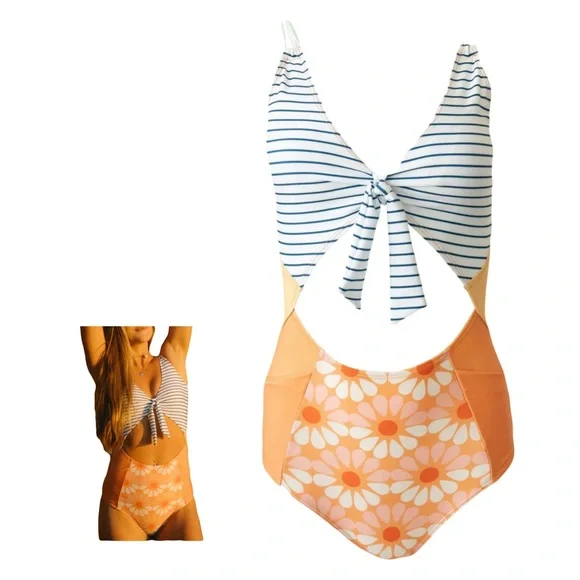 Nani Swimwear Floral and Stripe Center Cutout One Piece Swimsuit Size XL - Picture 1 of 7